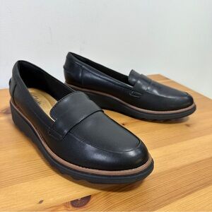 Clarks Sharon Gracie Black Leather Wedge Loafers Slip-On Comfort Shoes Size 9.5